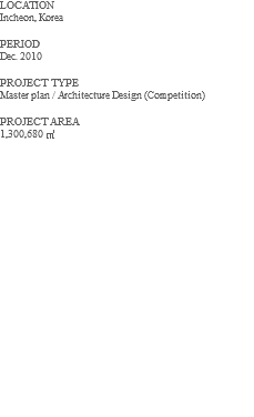 LOCATION Incheon, Korea PERIOD Dec. 2010 PROJECT TYPE Master plan / Architecture Design (Competition) PROJECT AREA 1,300,680 ㎡ 