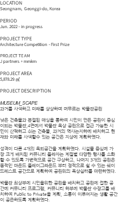 LOCATION Seongnam, Geonggi-do, Korea PERIOD Jun. 2022 - in progress PROJECT TYPE Architecture Competition - First Prize PROJECT TEAM J partners + mmkm PROJECT AREA 5,878.29 ㎡ PROJECT DESCRIPTION MUSEUM_SCAPE 과거를 사색하고 미래를 상상하며 머무르는 박물관공원 낮은 건축물과 분절된 매싱을 통하여 시민이 만든 공원이 중심이되는 박물관,4면에서 박물관 옥상 공원으로 접근 가능한 시민이 산책하고 쉬는 건축물, 과거의 역사는지하에 배치하고 현재와 미래를 사색할수 있는 공간은 지상에 계획하였다. 성격이 다른 4개의 옥외공간을 계획하였다. 시설물 중심에 가장 크게 배치된 커뮤니티 플라자는 계절별 다양한 행사를 소화할 수 있도록 가변적으로 공간 구상하고, 나머지 3개의 공원은 동적인 마운드 플레이그라운드 부터 정적으로 쉴 수 있는 쉐이드레스트 공간으로 계획하여 공원위의 옥상쉼터를 마련하였다. 박물관 최상부에 시민을위한 공원을 배치하고 공원에 접한 공간에 커뮤니티 프로그램, 커뮤니티 하부에 박물관 수장고를 배치하여 Public to Private을 계획, 소통이 이루어지는 생활 공간이 공존하도록 계획하였다. 